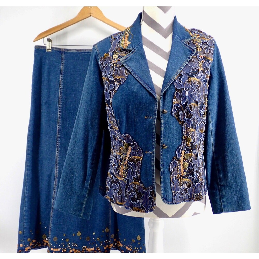 City Girl Embellished Blue Denim Blazer Sz Medium & Skirt Sz 6 Matched 2 pc Set - Picture 1 of 12